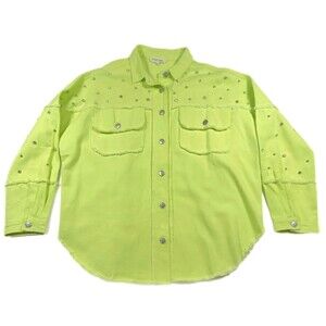 Peach Love denim overshirt with raw-edge detailing and rhinestone Size Small